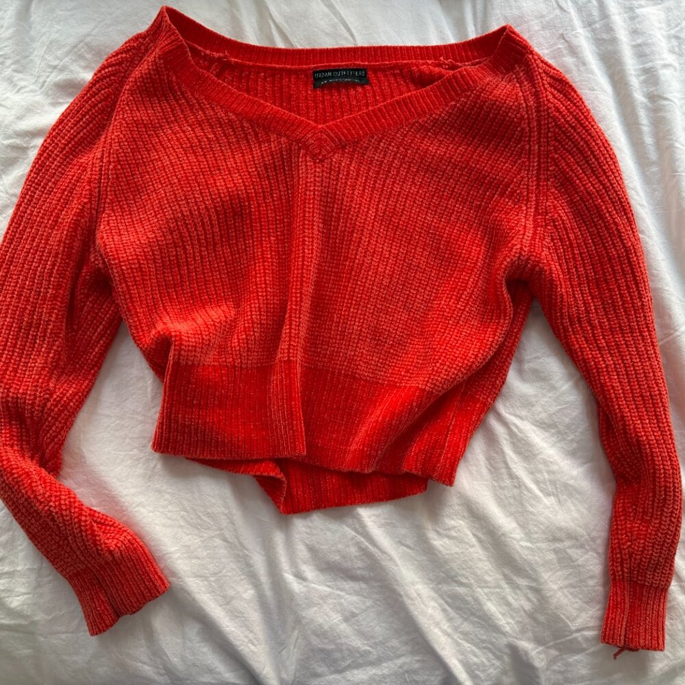 UO Cozy Chenille Orange V-Neck Sweater Beautiful 80s style off shoulder Neon